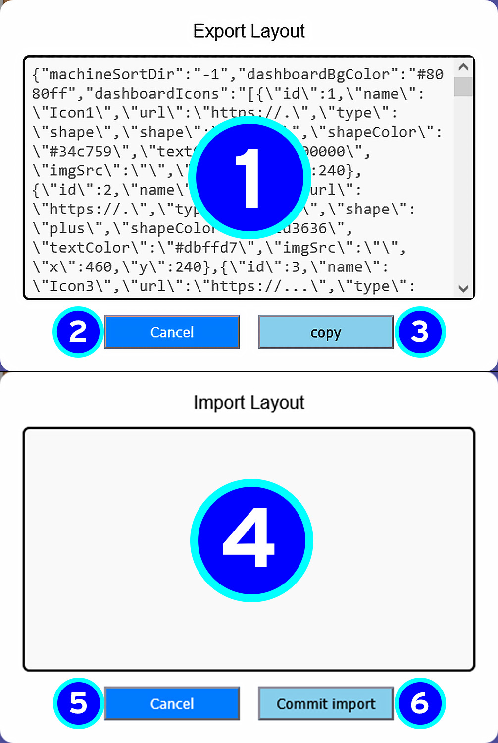 Export and Import popup with numbered labels