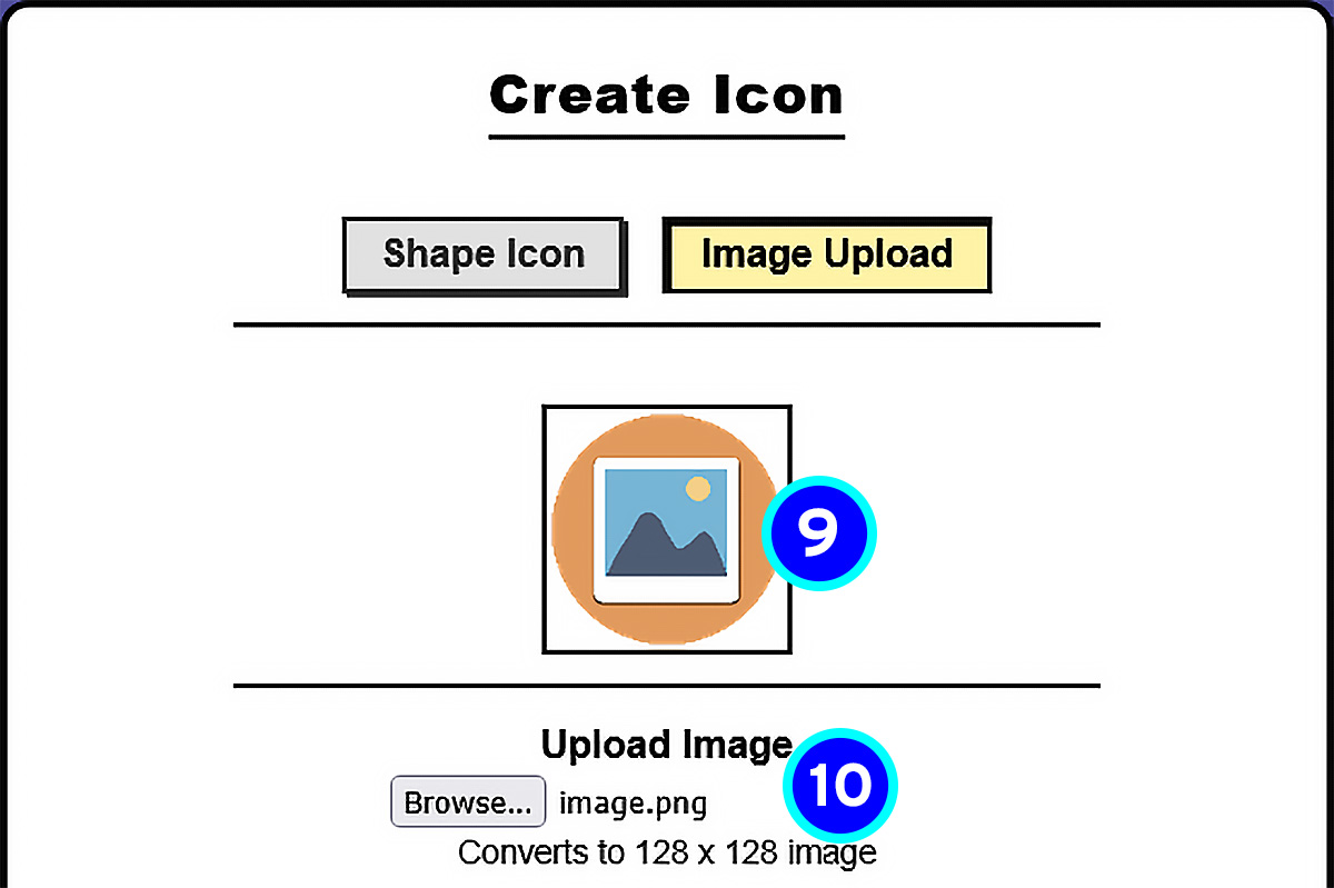 Create icon image upload popup with numbered labels