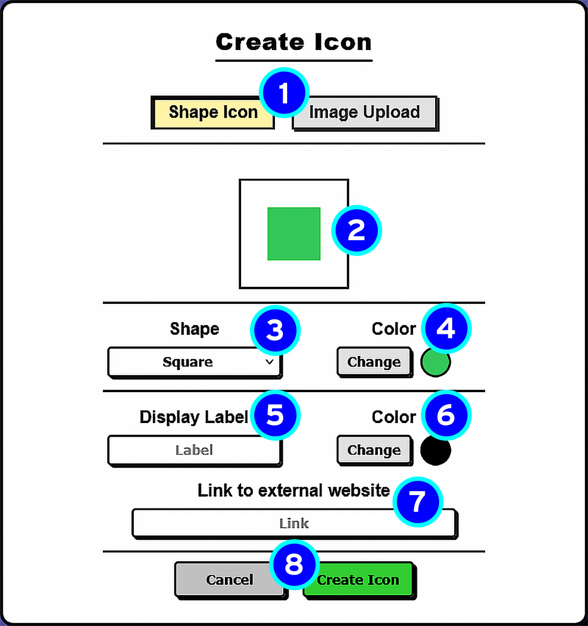 Create icon shape popup with numbered labels